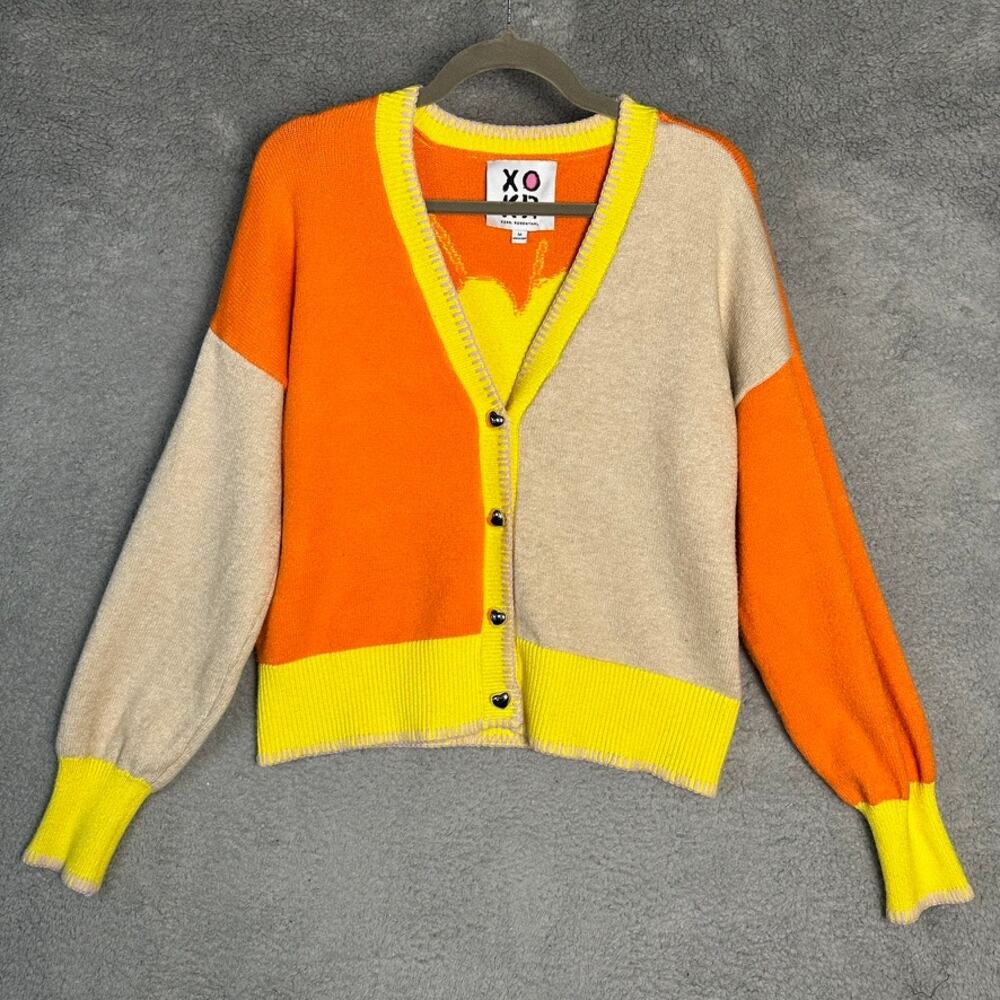 XO Kerri Rosenthal Women's Med Orange Yellow Cardigan Heart Design Color Block